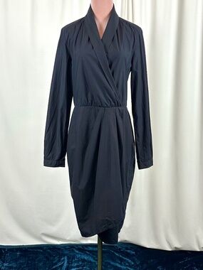 Max Mara Black Cotton Wrap Dress Minimalist Designer Long Sleeve Size S